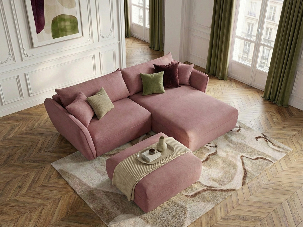 Canapé d'angle LUIGI lisse avec pouf rose — vue 5