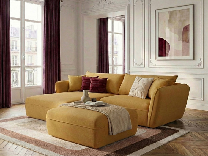 Canapé d'angle fixe LUIGI tissu texturé avec pouf