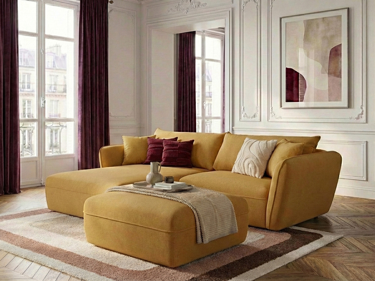 Canapé d'angle fixe LUIGI tissu lisse avec pouf
