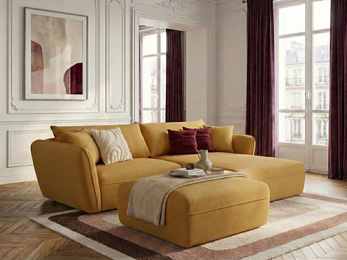 Canapé d'angle fixe LUIGI tissu lisse avec pouf