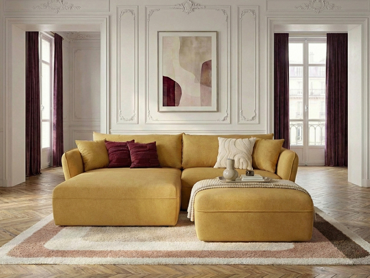 Canapé d'angle fixe LUIGI tissu lisse avec pouf