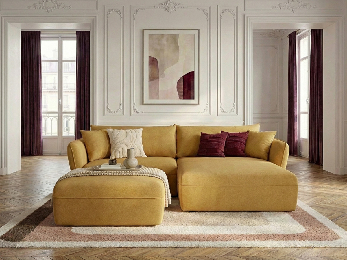 Canapé d'angle fixe LUIGI tissu lisse avec pouf