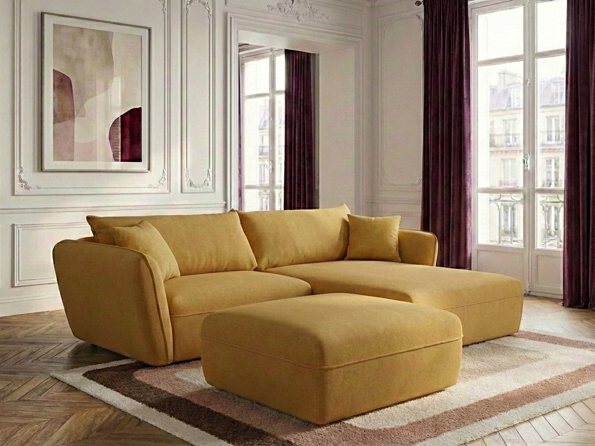 Canapé d'angle fixe LUIGI tissu lisse avec pouf