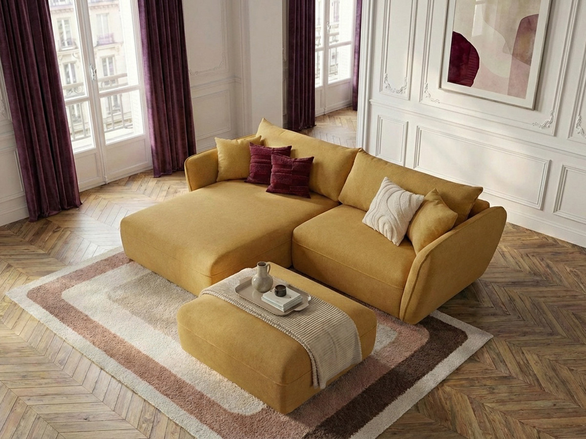 Canapé d'angle fixe LUIGI tissu texturé avec pouf