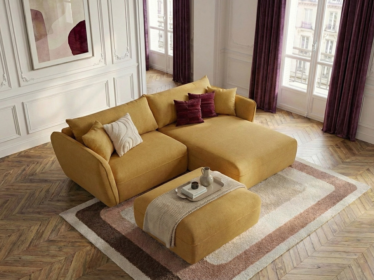 Canapé d'angle LUIGI texturé avec pouf jaune — vue 5