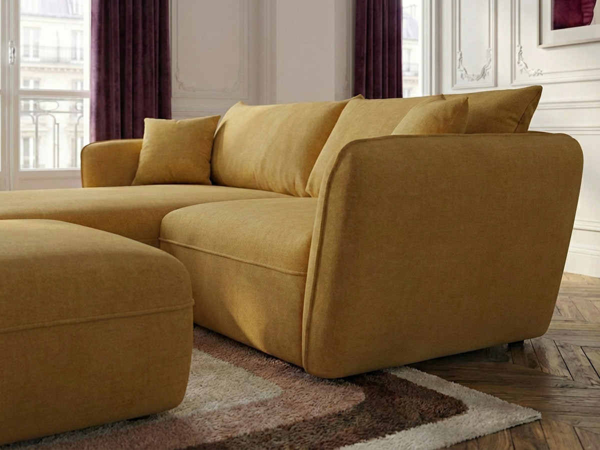 Canapé d'angle fixe LUIGI tissu lisse avec pouf