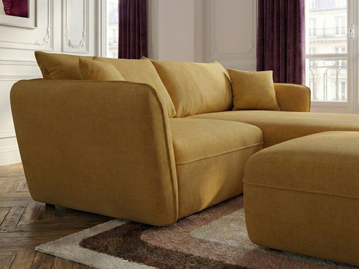 Canapé d'angle fixe LUIGI tissu lisse avec pouf
