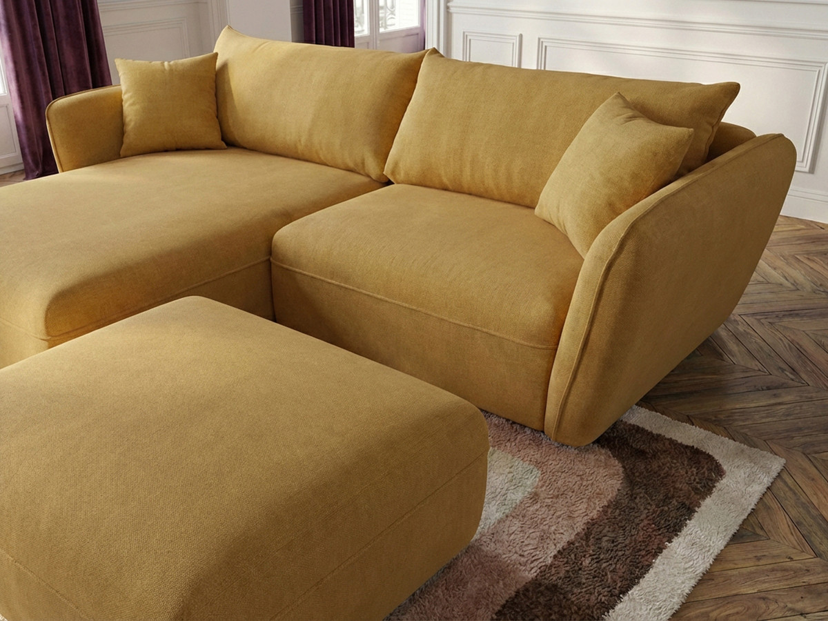 Canapé d'angle fixe LUIGI tissu lisse avec pouf