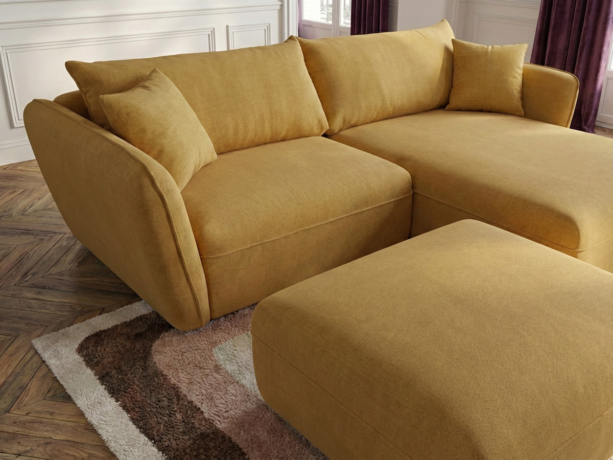Canapé d'angle fixe LUIGI tissu lisse avec pouf