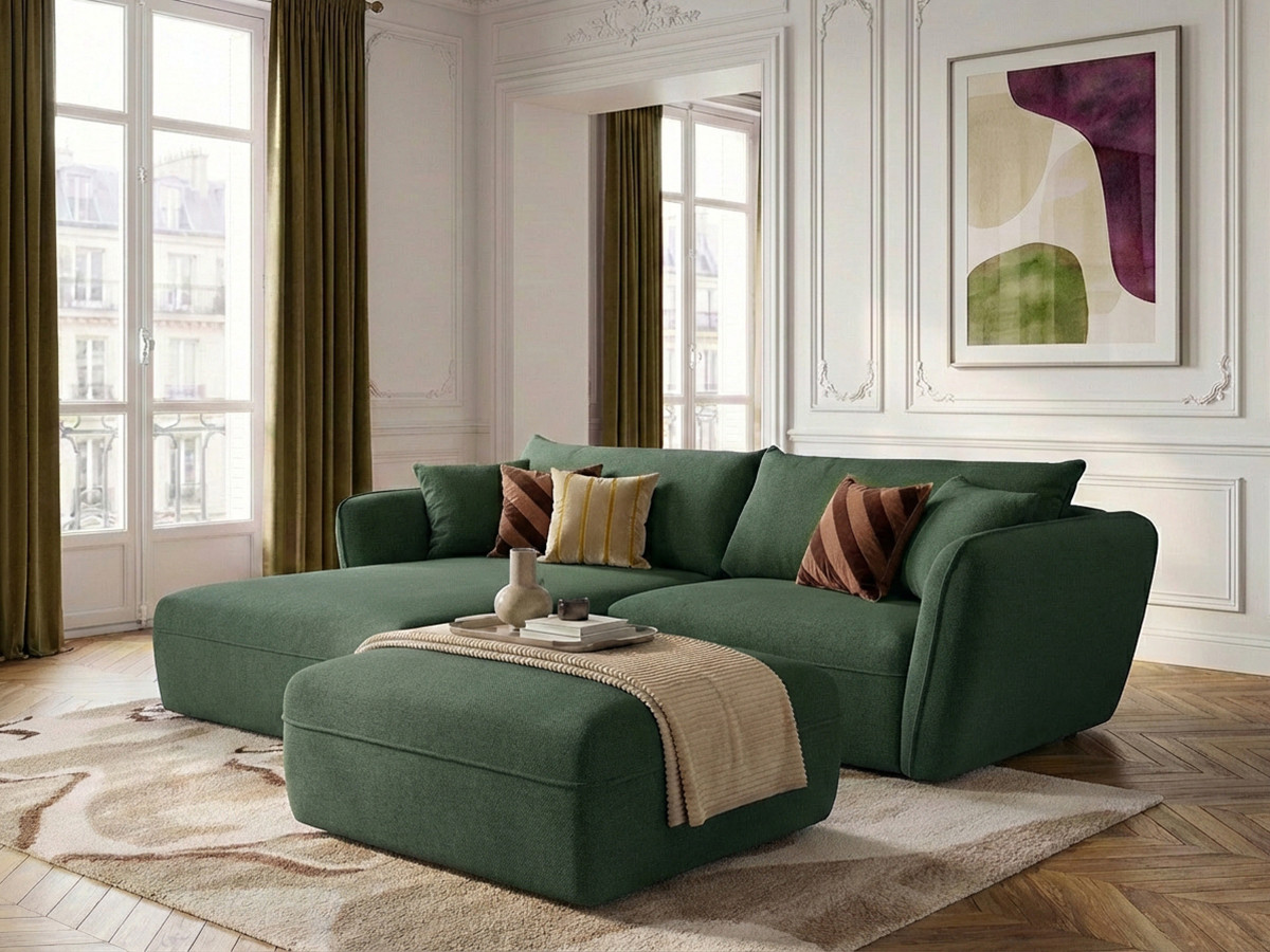 Canapé d'angle fixe LUIGI tissu lisse avec pouf