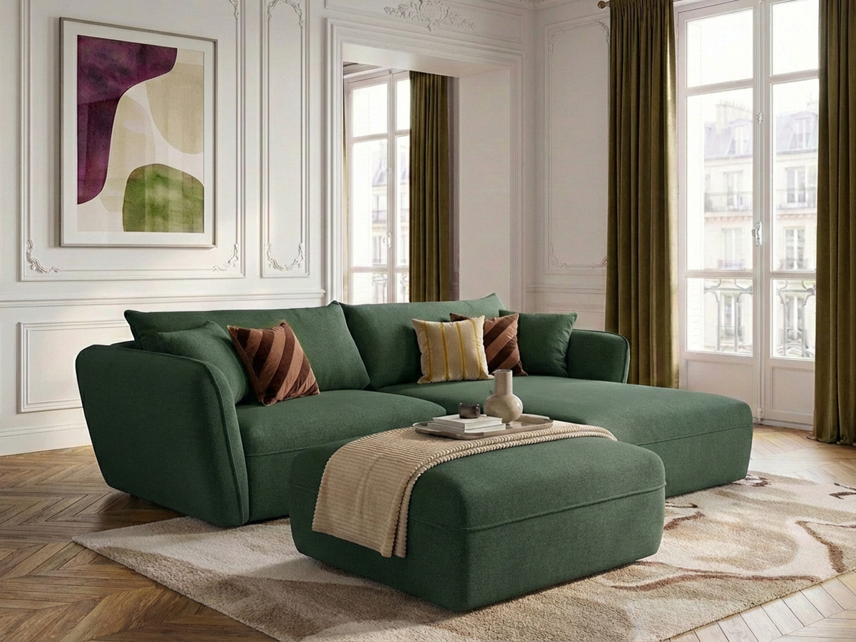 Canapé d'angle fixe LUIGI tissu lisse avec pouf