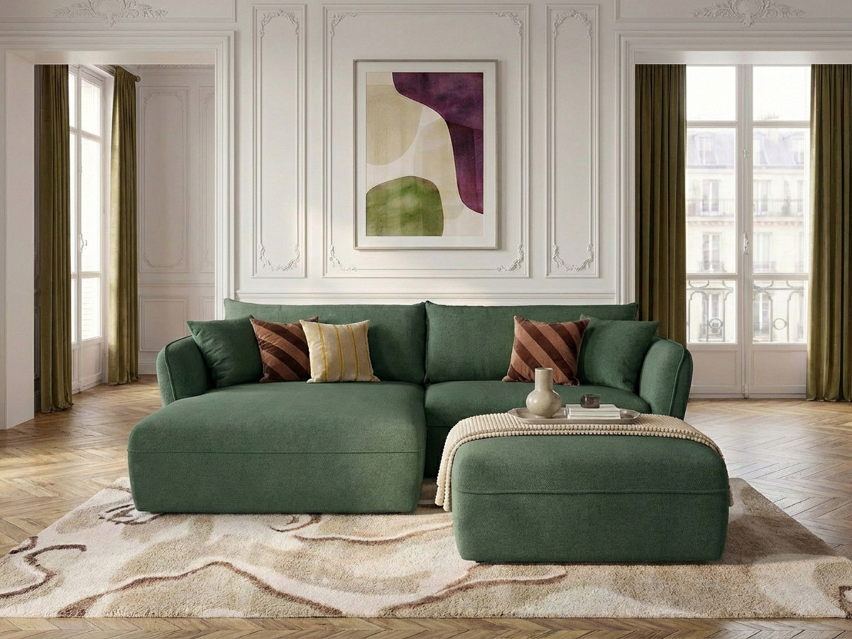 Canapé d'angle fixe LUIGI tissu lisse avec pouf