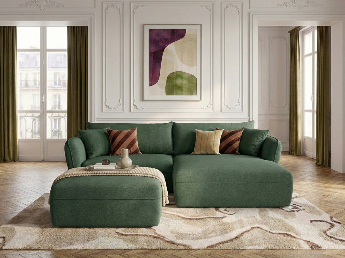 Canapé d'angle fixe LUIGI tissu lisse avec pouf
