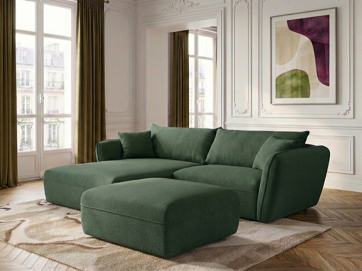 Canapé d'angle fixe LUIGI tissu lisse avec pouf