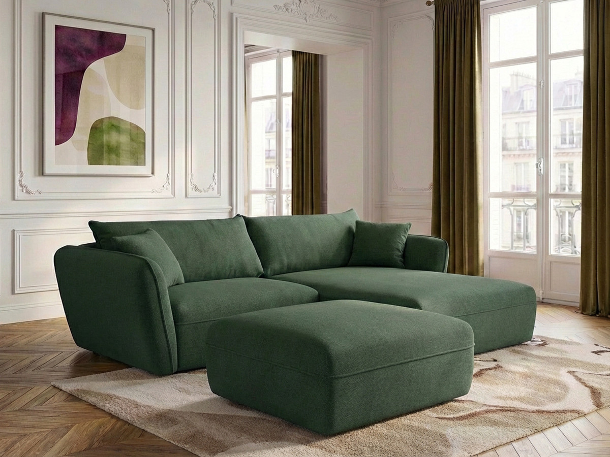 Canapé d'angle fixe LUIGI tissu lisse avec pouf