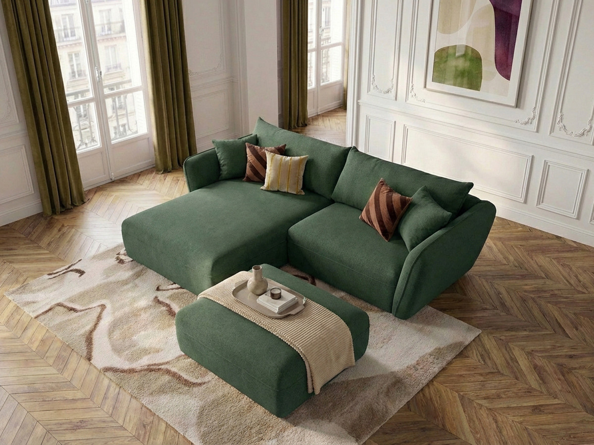 Canapé d'angle fixe LUIGI tissu texturé avec pouf