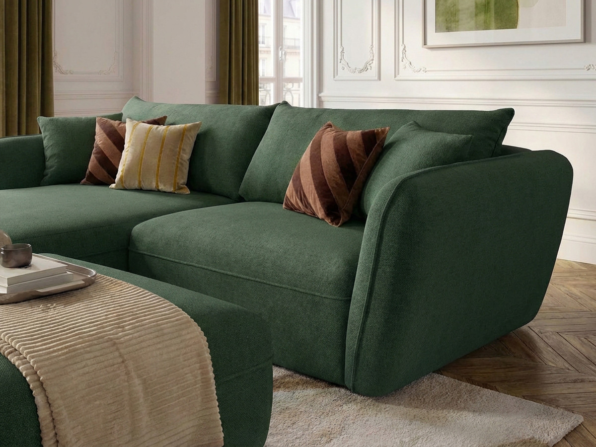 Canapé d'angle fixe LUIGI tissu lisse avec pouf