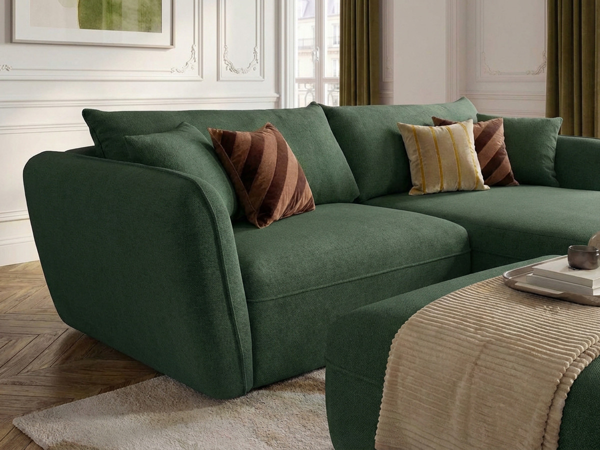 Canapé d'angle fixe LUIGI tissu lisse avec pouf