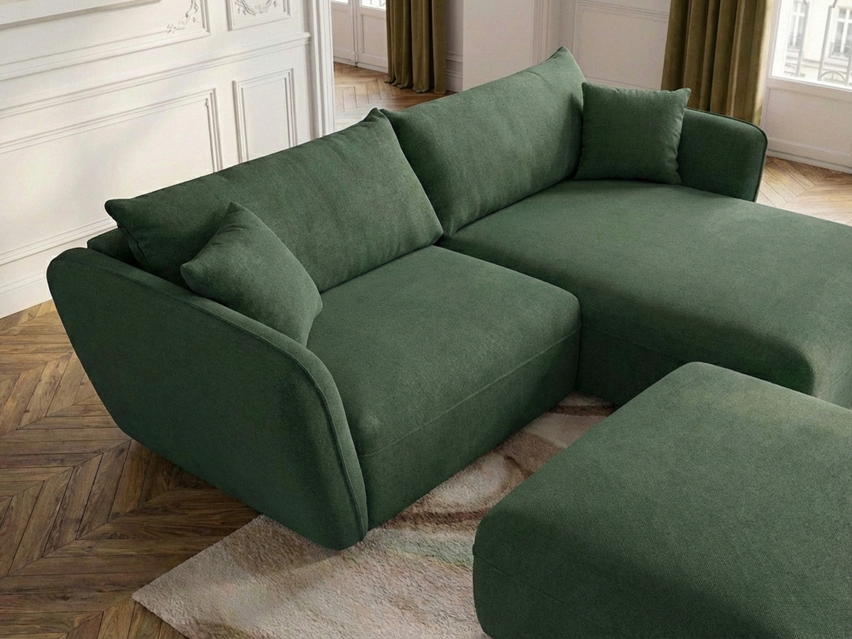 Canapé d'angle fixe LUIGI tissu lisse avec pouf