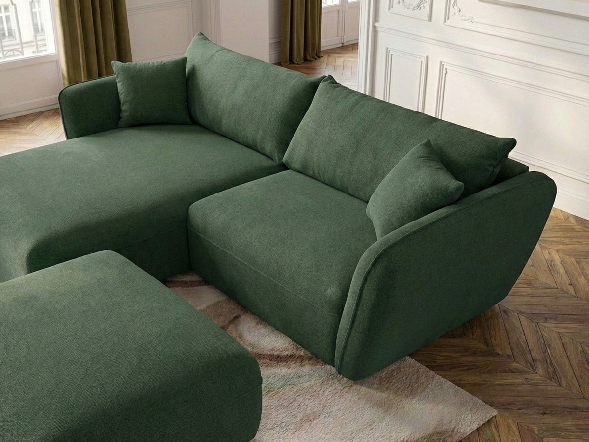 Canapé d'angle fixe LUIGI tissu lisse avec pouf
