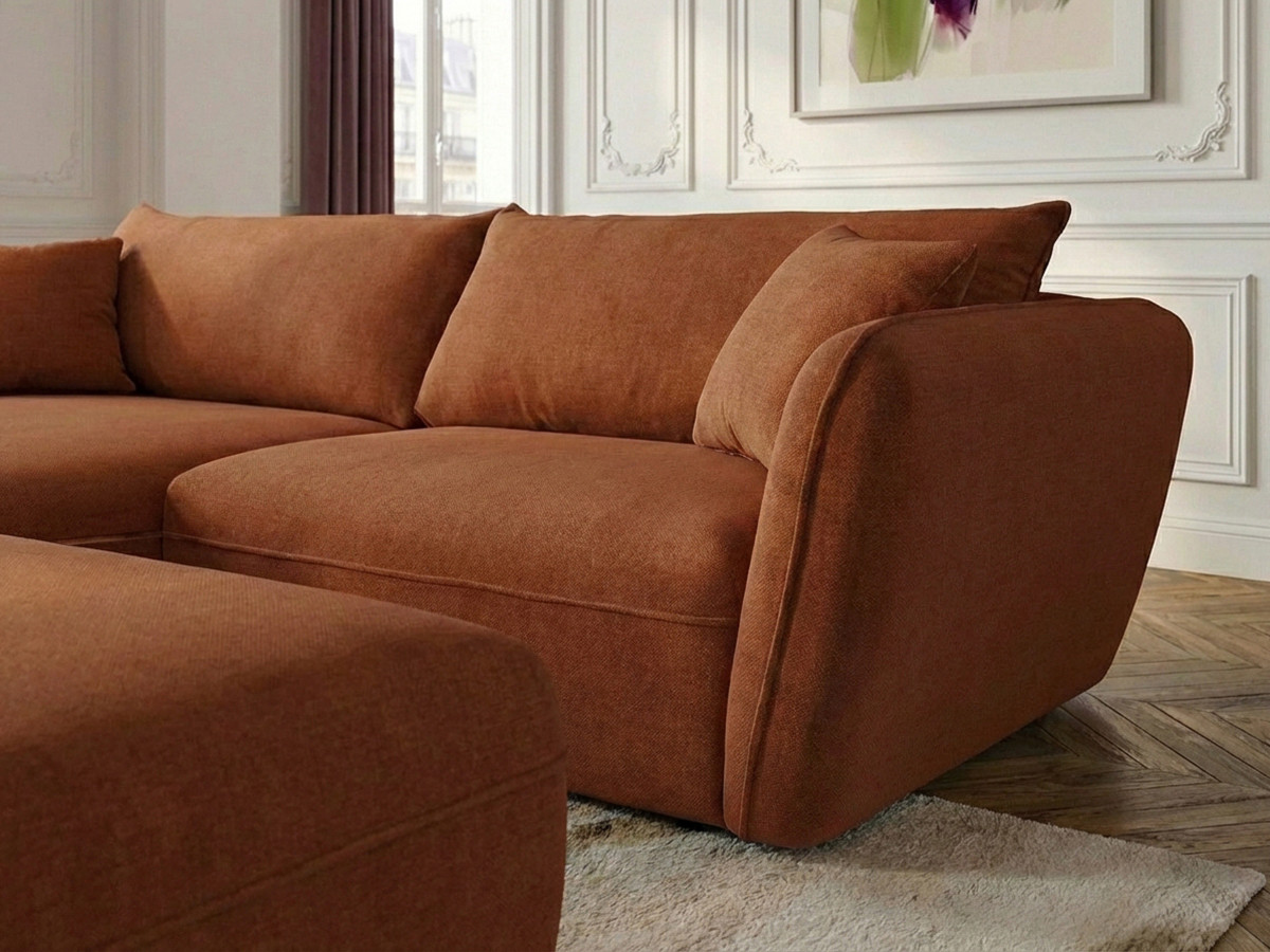 Canapé d'angle fixe LUIGI tissu lisse avec pouf