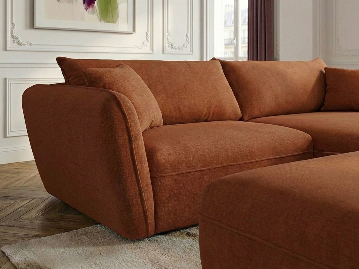 Canapé d'angle fixe LUIGI tissu lisse avec pouf