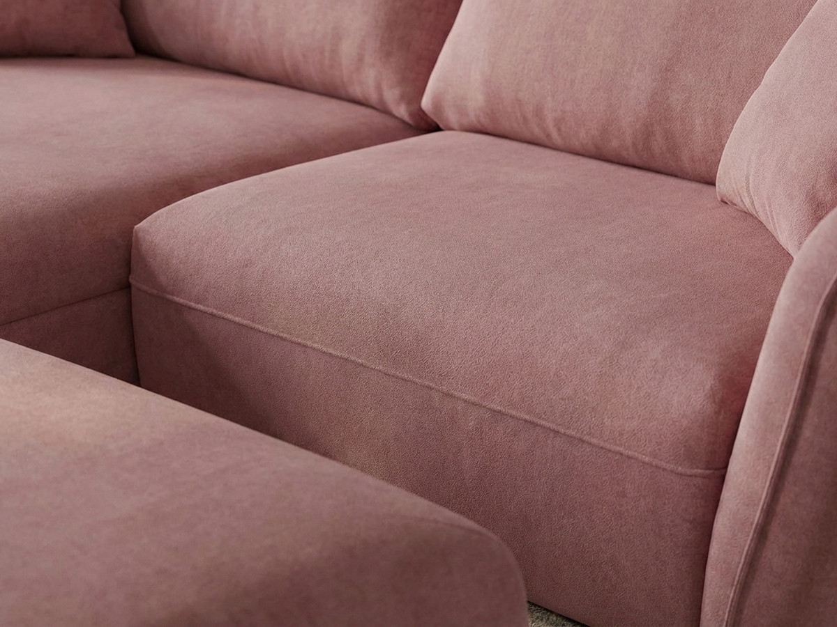 Canapé d'angle fixe LUIGI tissu lisse avec pouf