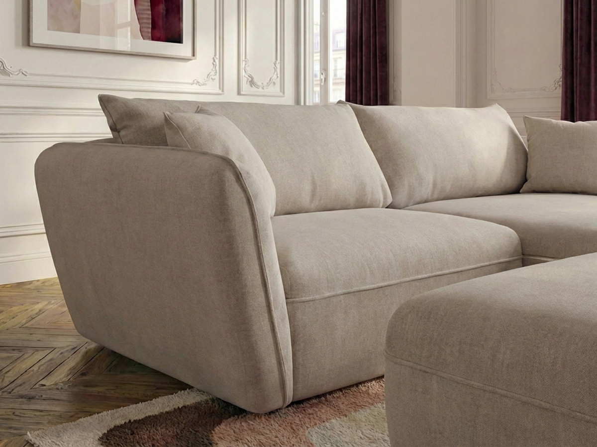 Canapé d'angle fixe LUIGI tissu lisse avec pouf