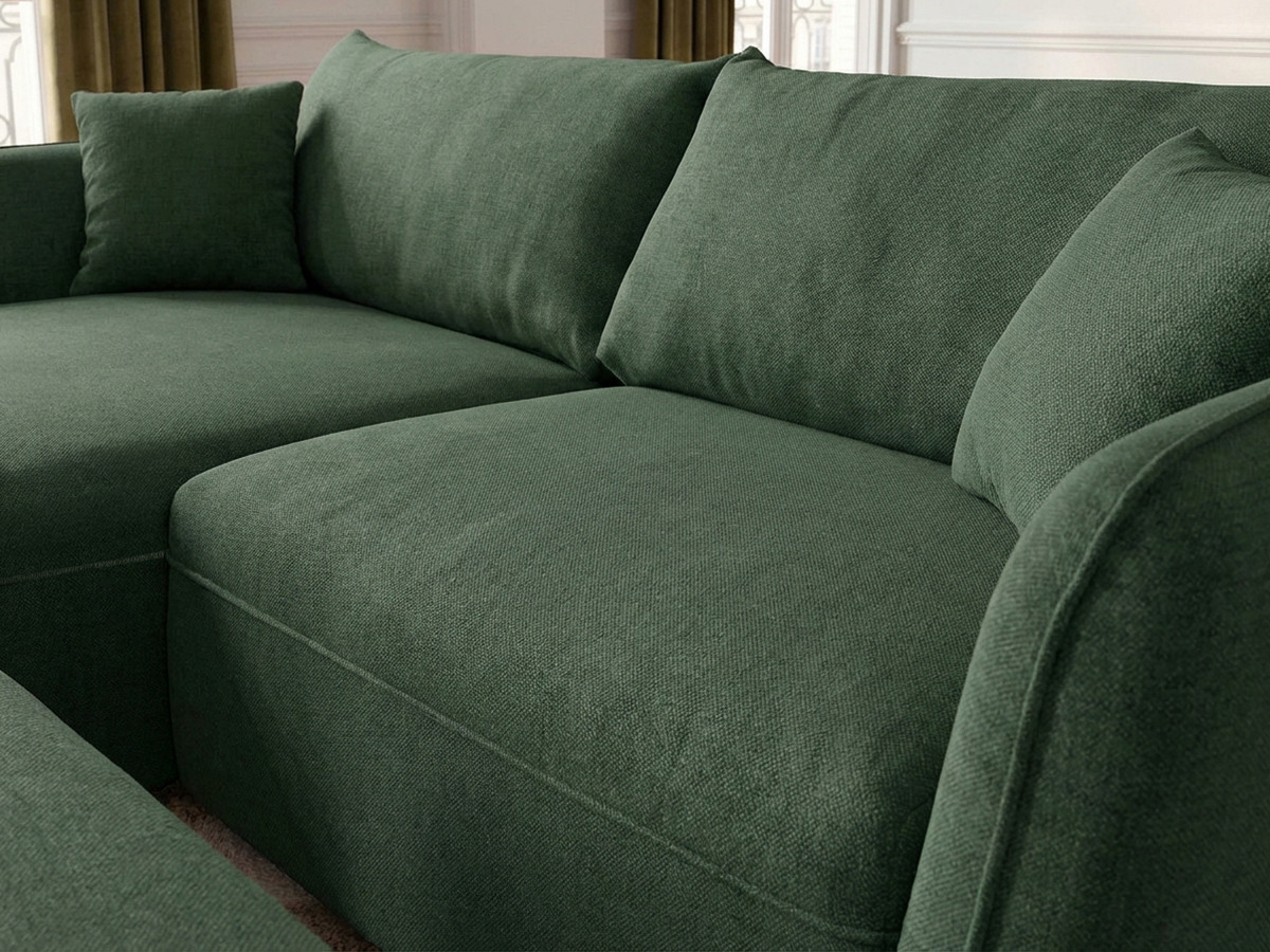 Canapé d'angle fixe LUIGI tissu lisse avec pouf