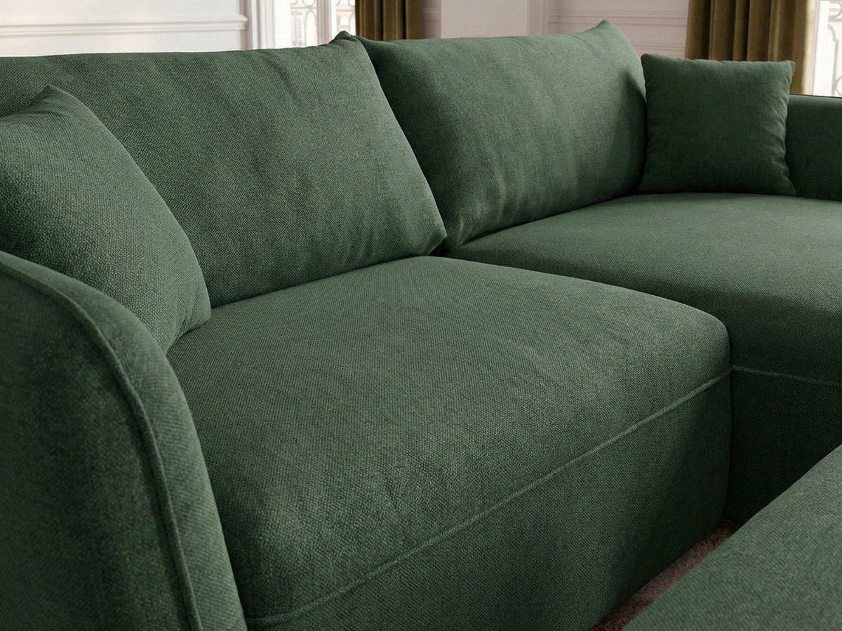 Canapé d'angle fixe LUIGI tissu lisse avec pouf
