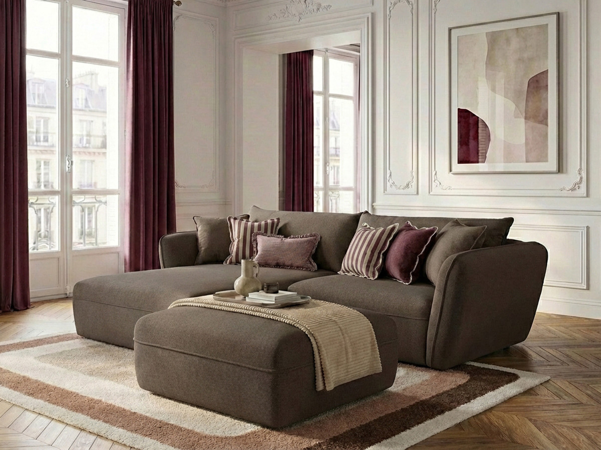 Canapé d'angle fixe LUIGI tissu lisse avec pouf
