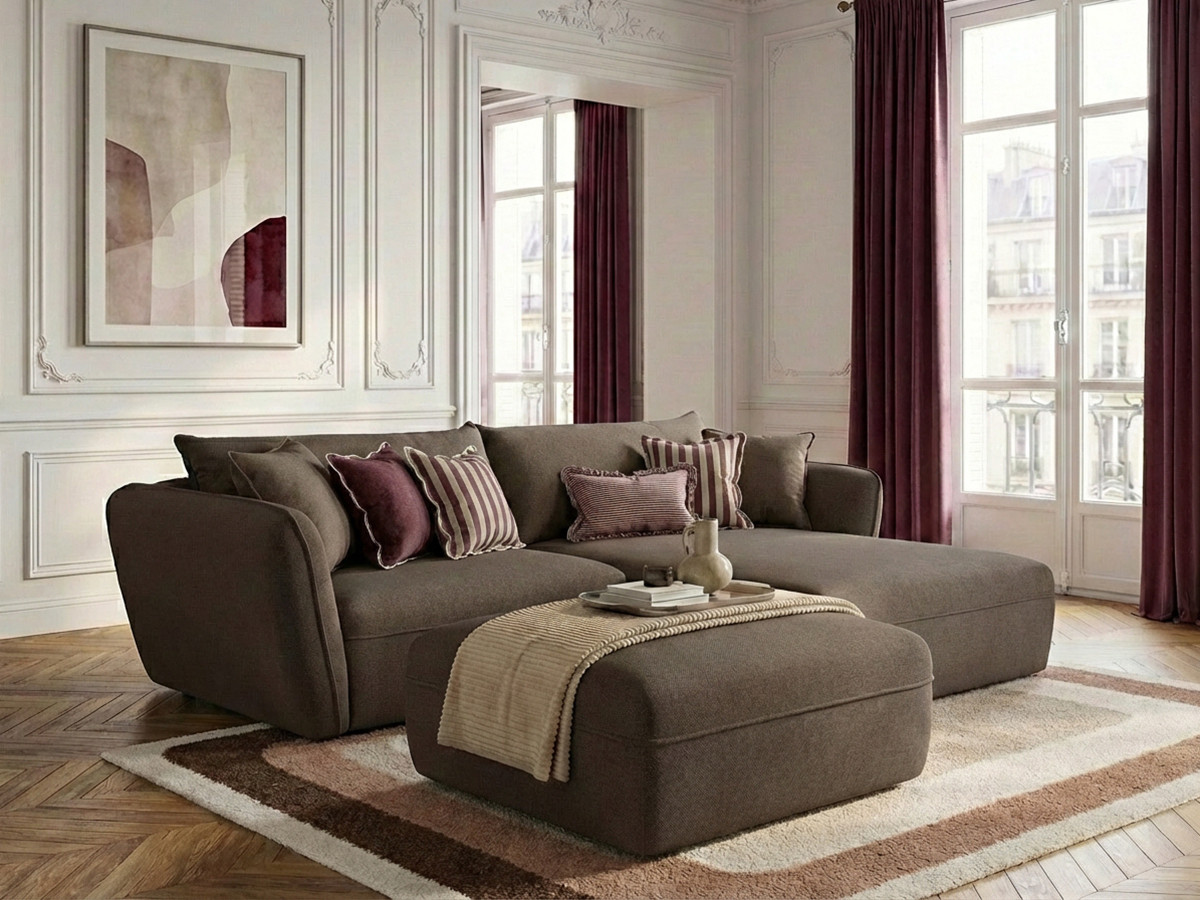 Canapé d'angle fixe LUIGI tissu lisse avec pouf