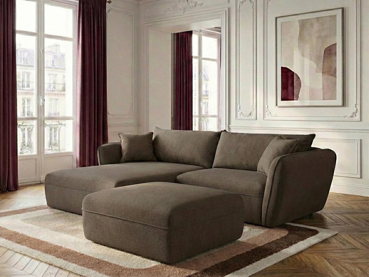 Canapé d'angle fixe LUIGI tissu lisse avec pouf