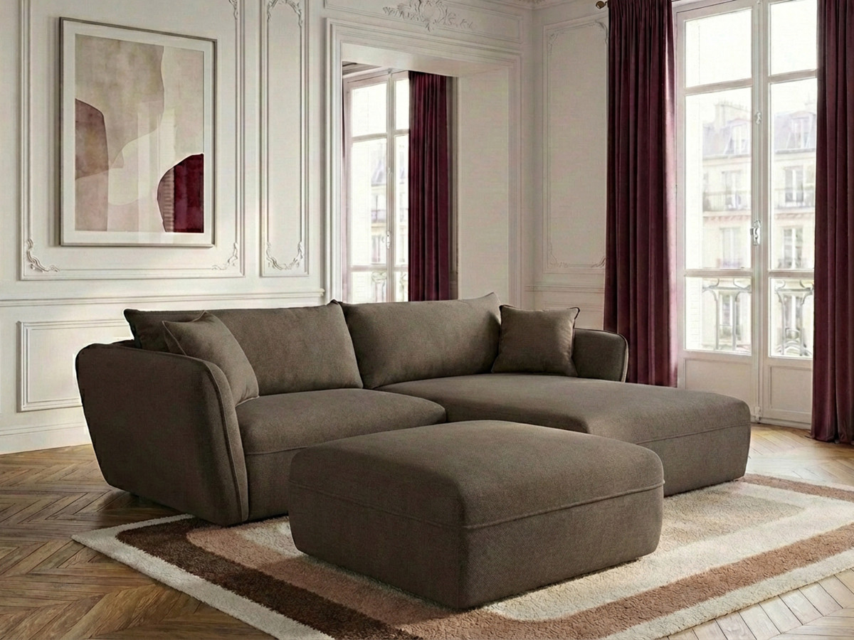 Canapé d'angle fixe LUIGI tissu lisse avec pouf