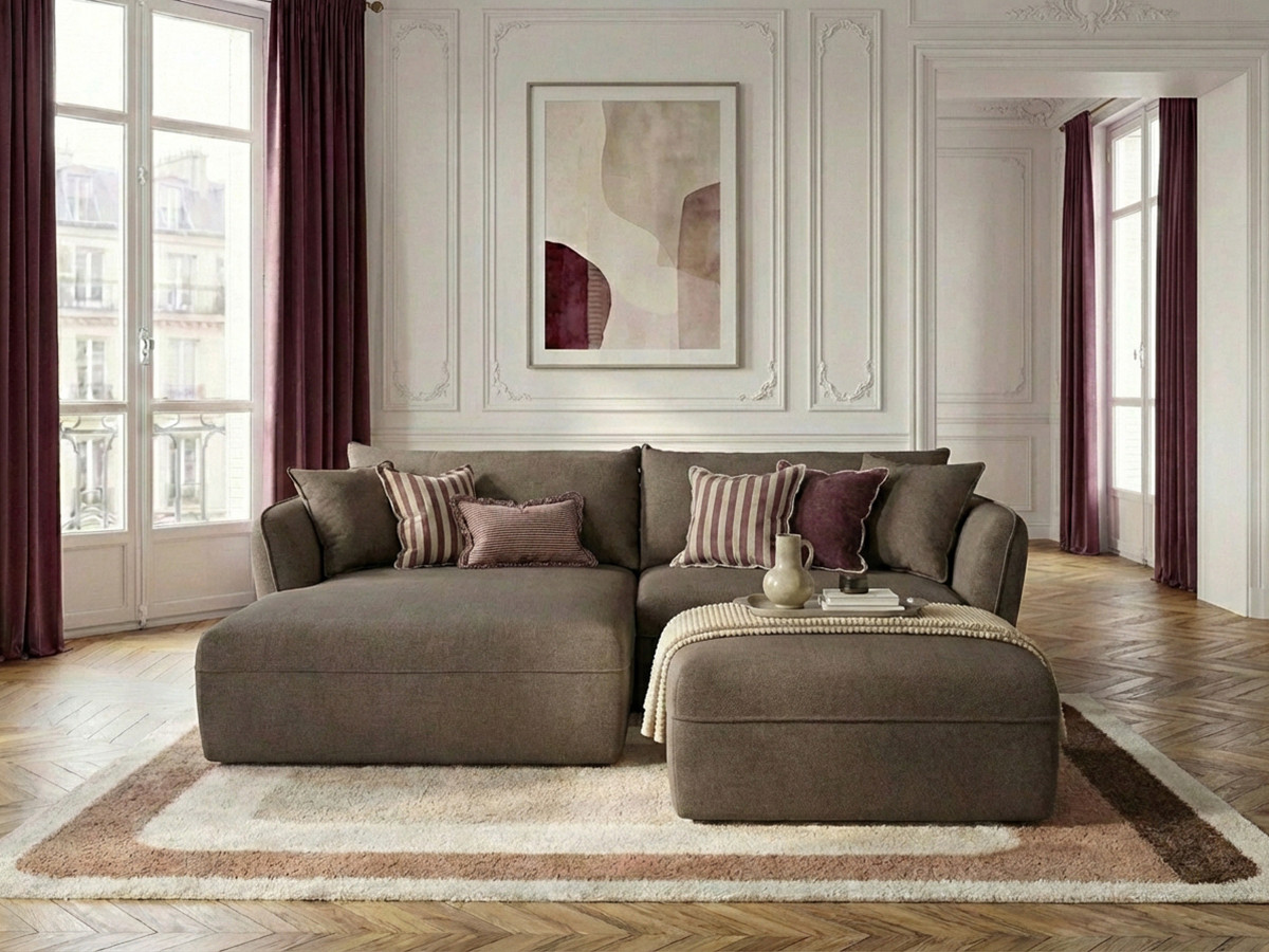 Canapé d'angle fixe LUIGI tissu lisse avec pouf