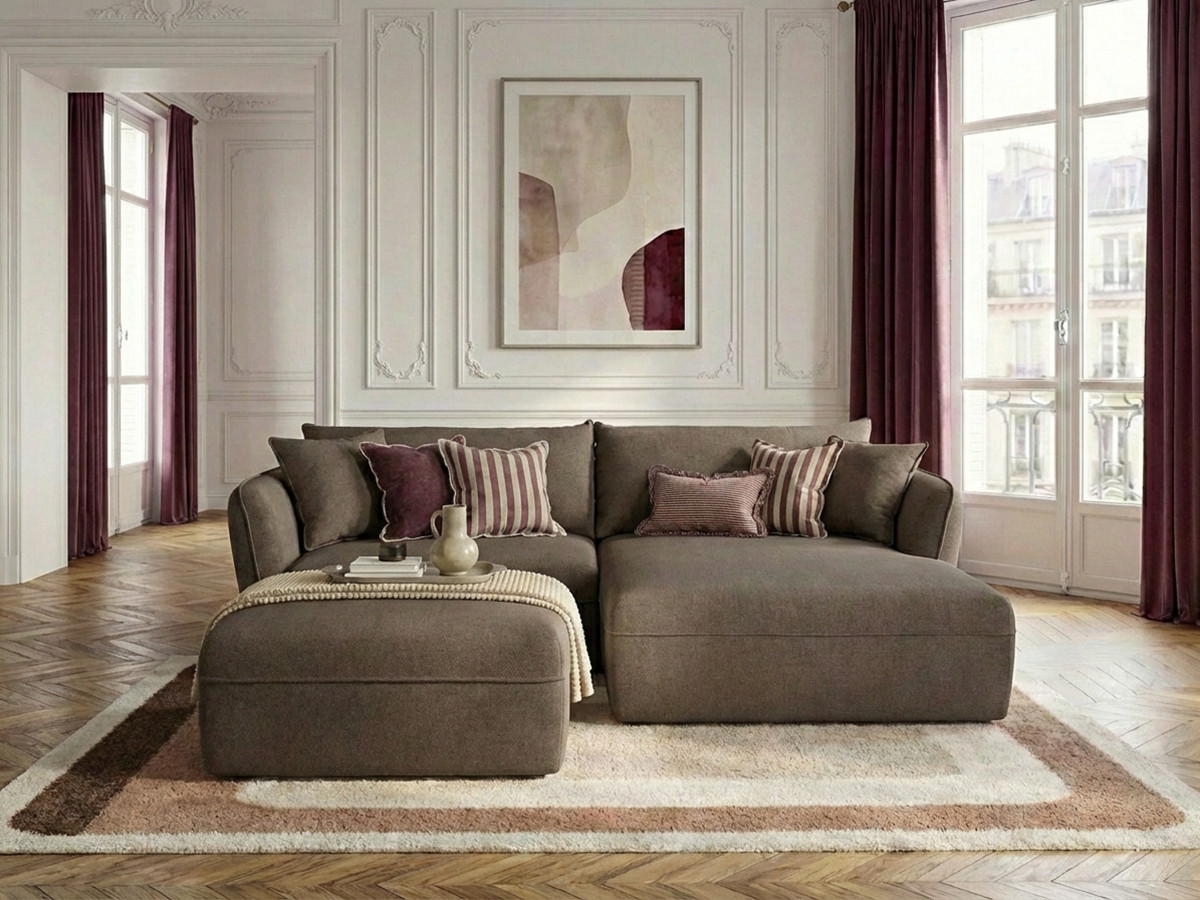 Canapé d'angle fixe LUIGI tissu lisse avec pouf