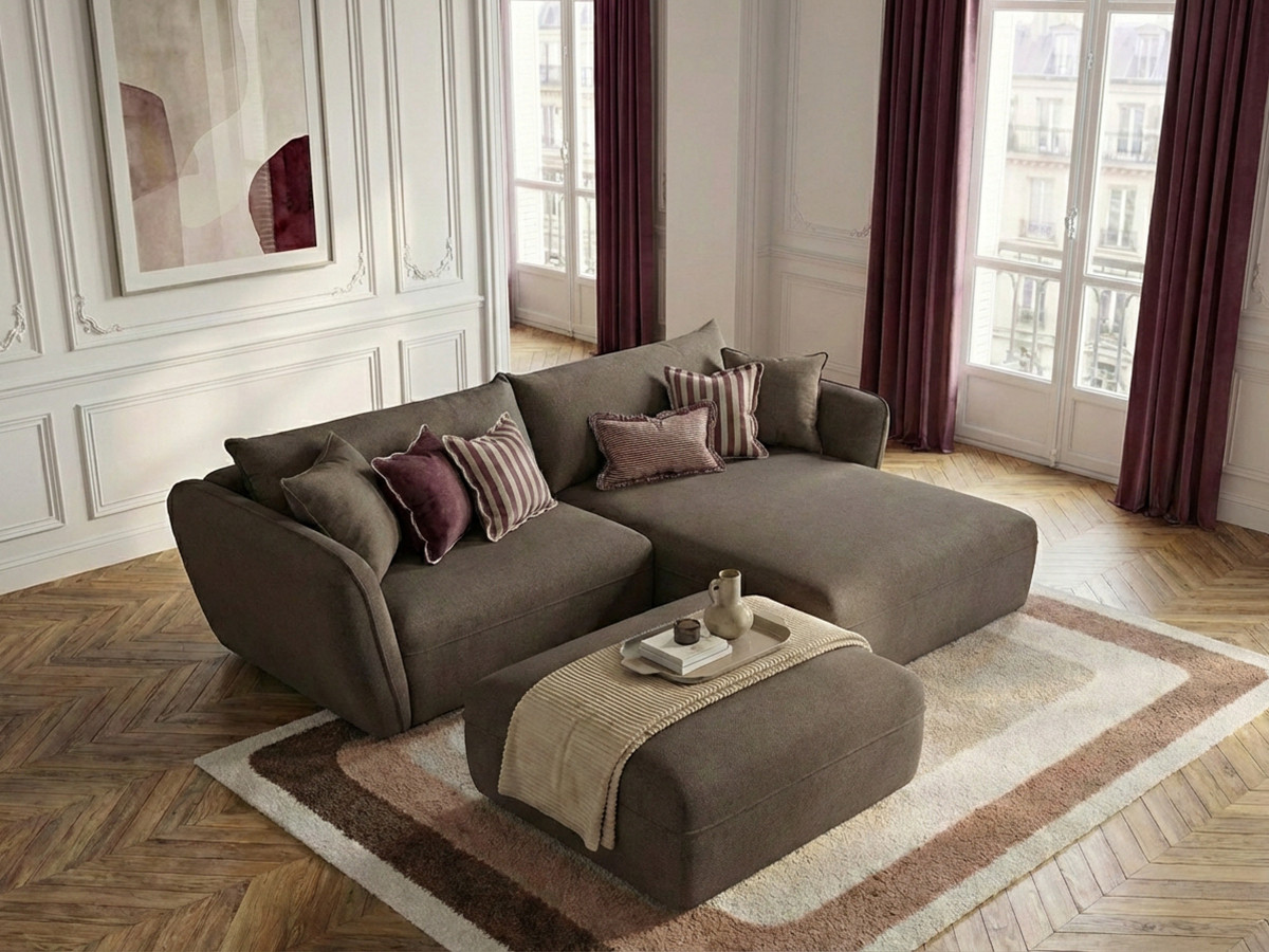 Canapé d'angle fixe LUIGI tissu texturé avec pouf