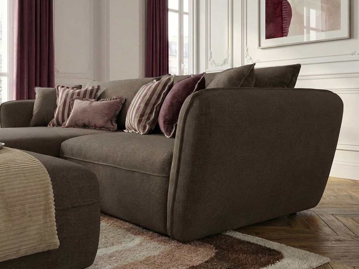 Canapé d'angle fixe LUIGI tissu lisse avec pouf