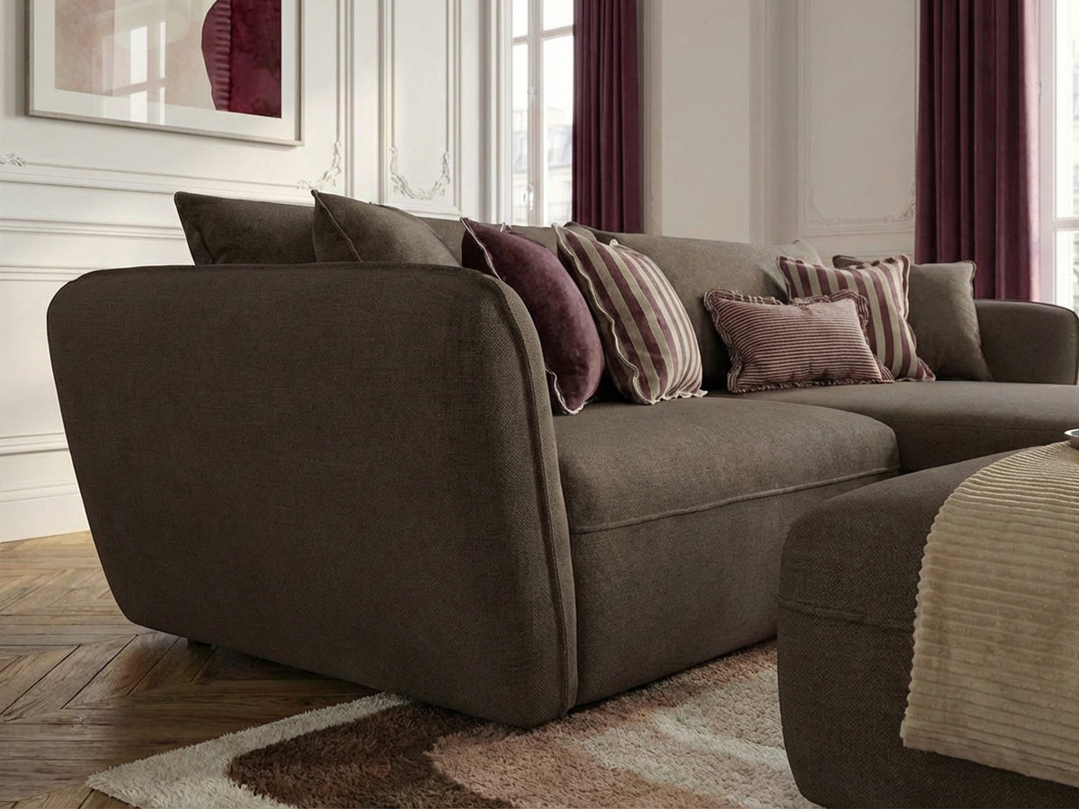 Canapé d'angle fixe LUIGI tissu lisse avec pouf