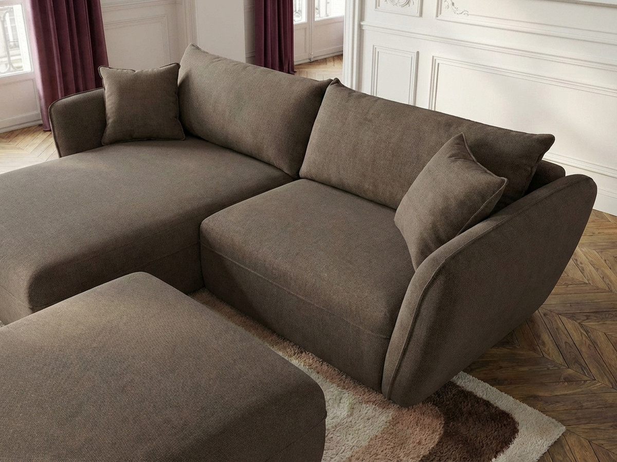 Canapé d'angle fixe LUIGI tissu lisse avec pouf