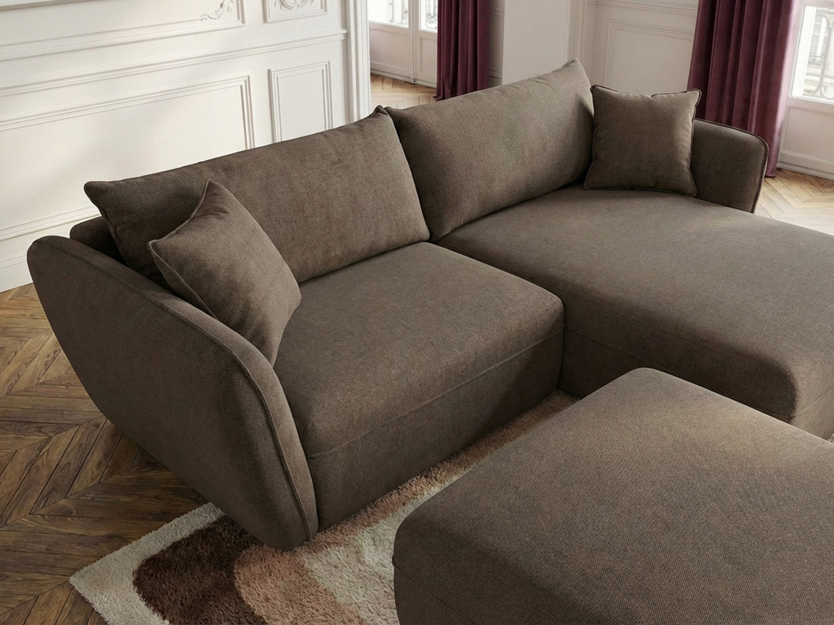 Canapé d'angle fixe LUIGI tissu lisse avec pouf