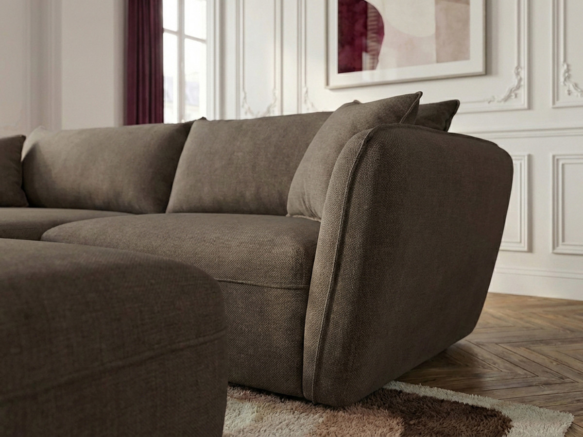 Canapé d'angle fixe LUIGI tissu lisse avec pouf