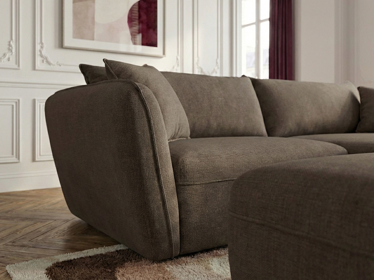 Canapé d'angle fixe LUIGI tissu lisse avec pouf