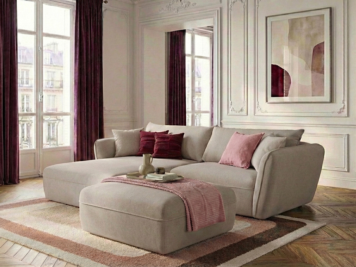 Canapé d'angle fixe LUIGI tissu lisse avec pouf beige angle gauche BOBOCHIC 3 places