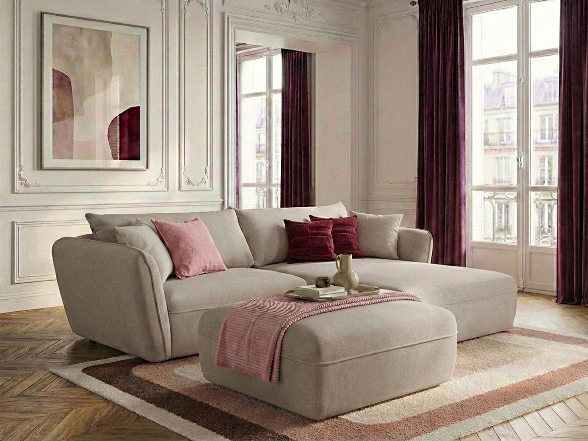 Canapé d'angle fixe LUIGI tissu lisse avec pouf