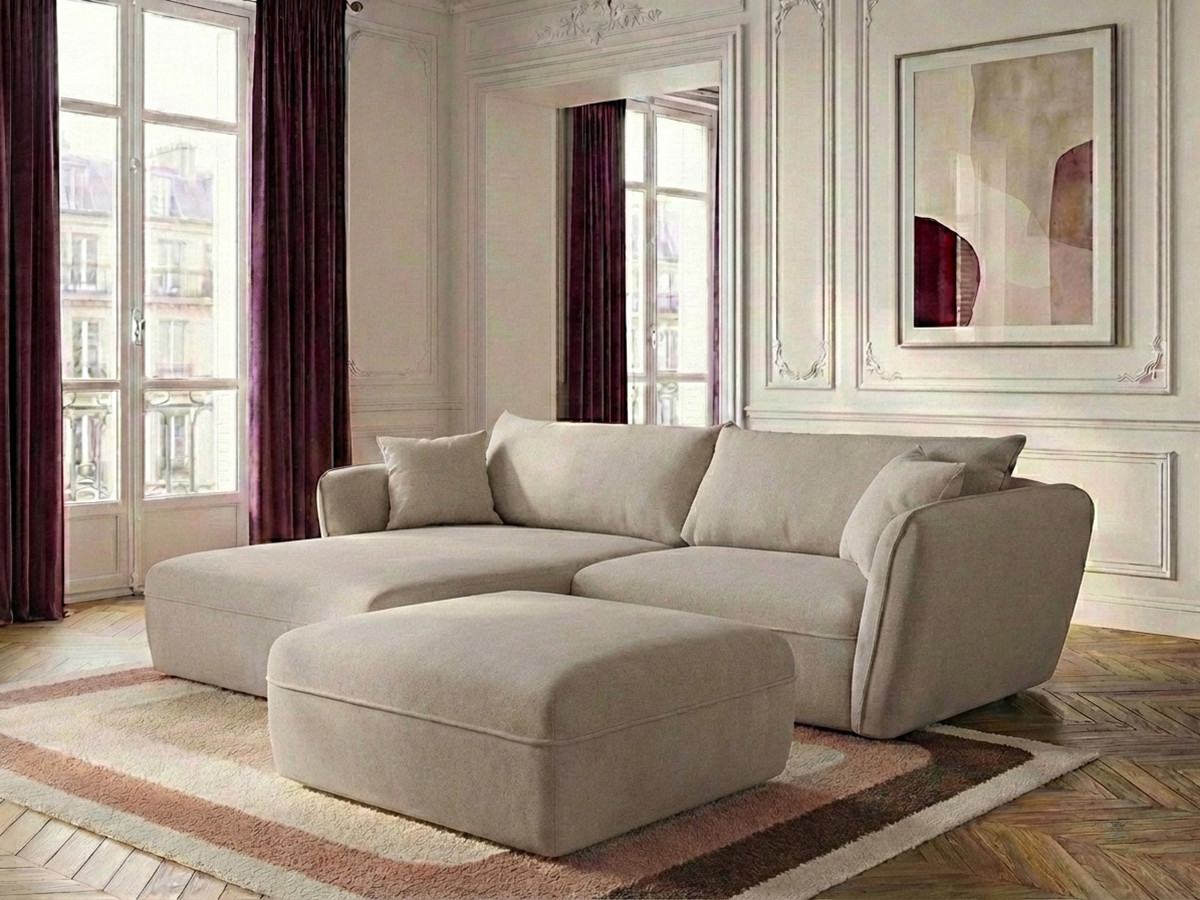 Canapé d'angle fixe LUIGI tissu lisse avec pouf