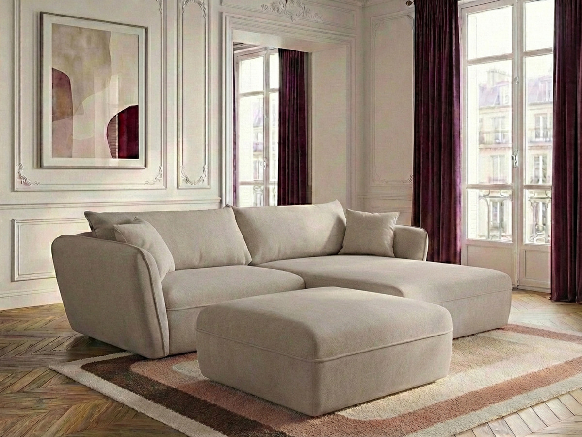 Canapé d'angle fixe LUIGI tissu lisse avec pouf