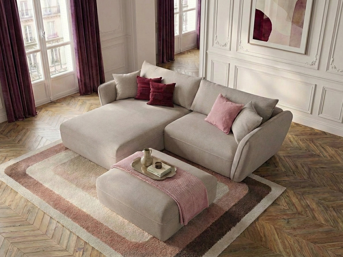 Canapé d'angle fixe LUIGI tissu texturé avec pouf