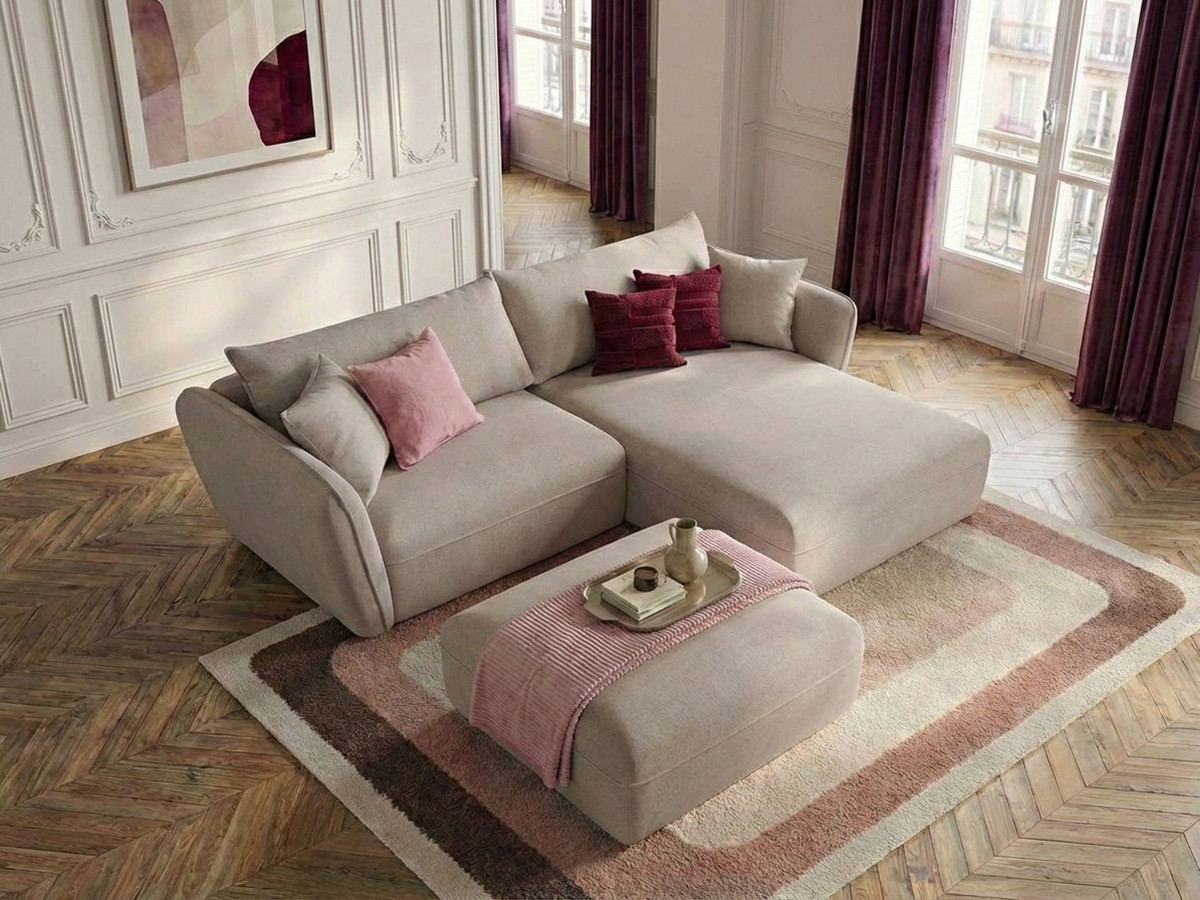 Canapé d'angle LUIGI lisse avec pouf beige — vue 5