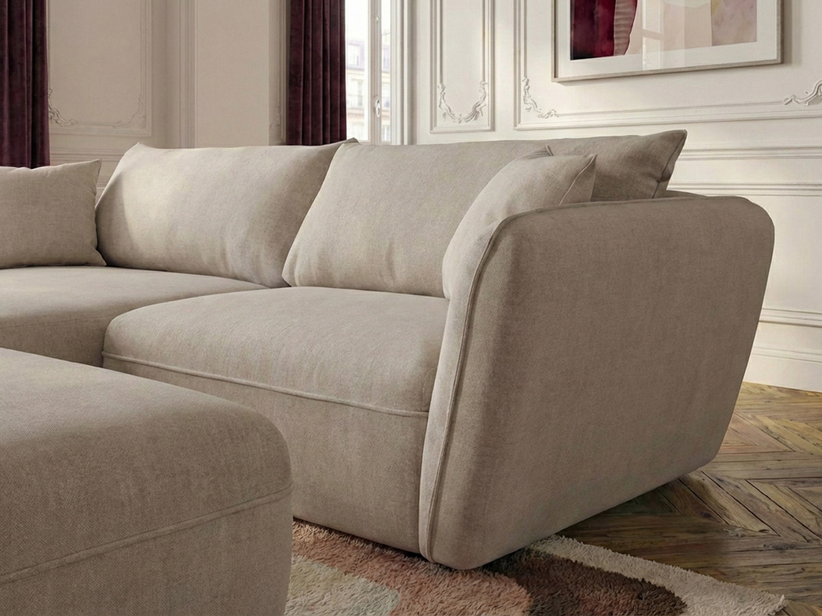 Canapé d'angle fixe LUIGI tissu lisse avec pouf